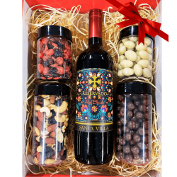 Cesta de Natal Premium - Castanhas, Frutas Secas, Dragee e Vinho Red Blend Tinto Santa Villa 