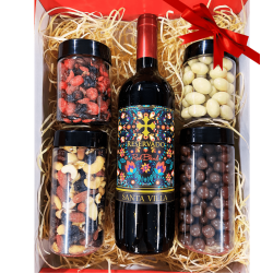 Cesta Premium - Castanhas, Frutas Secas, Dragee e Vinho Red Blend Tinto Santa Villa 