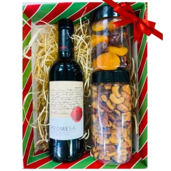 Cesta Presenteável - Mix de Castanhas Agridoce, Damascos, Tâmaras e Vinho Tinto Alterra